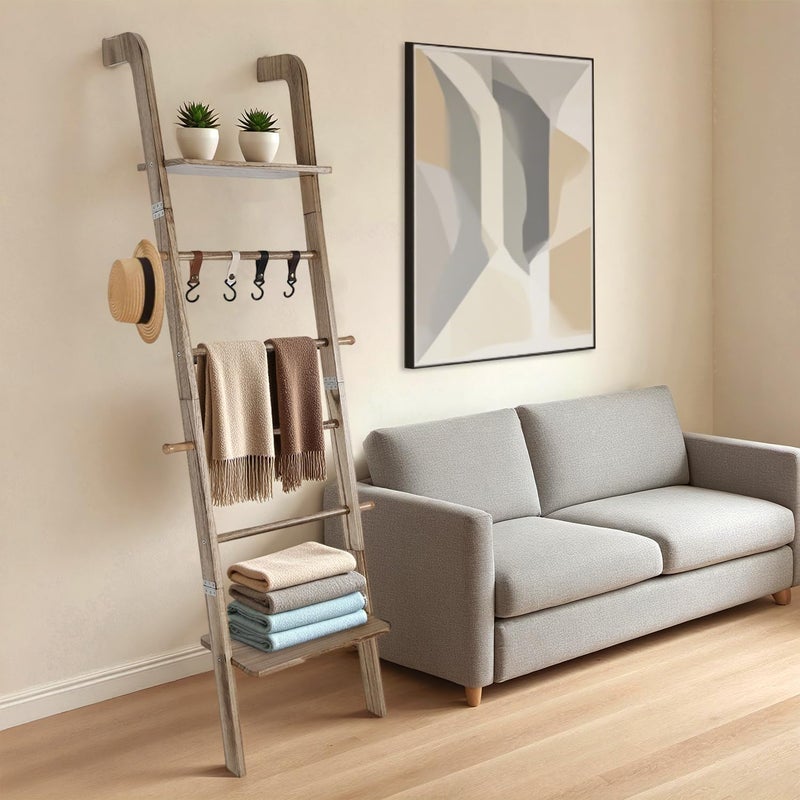 Fuairmee Wooden Ladder with Shelf for Room Decor, 6-Tier Decor Ladder with Non-Slip Mat & Hooks, Farmhouse Style Leaning Wall Display Holder - Image 1